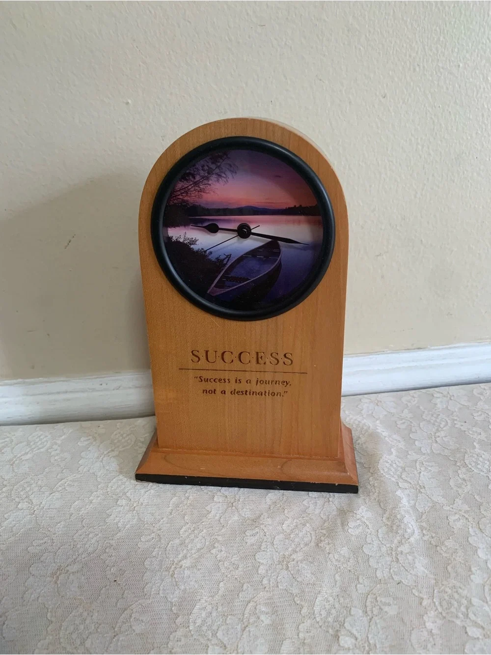 SUCCESS Wooden Desk Clock with Purple Scenic Face